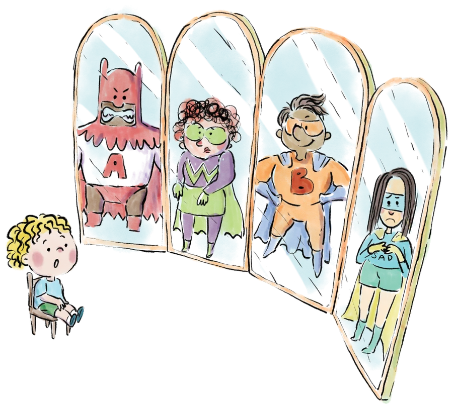 A child sitting in front of four mirrors, each showing a different part of them