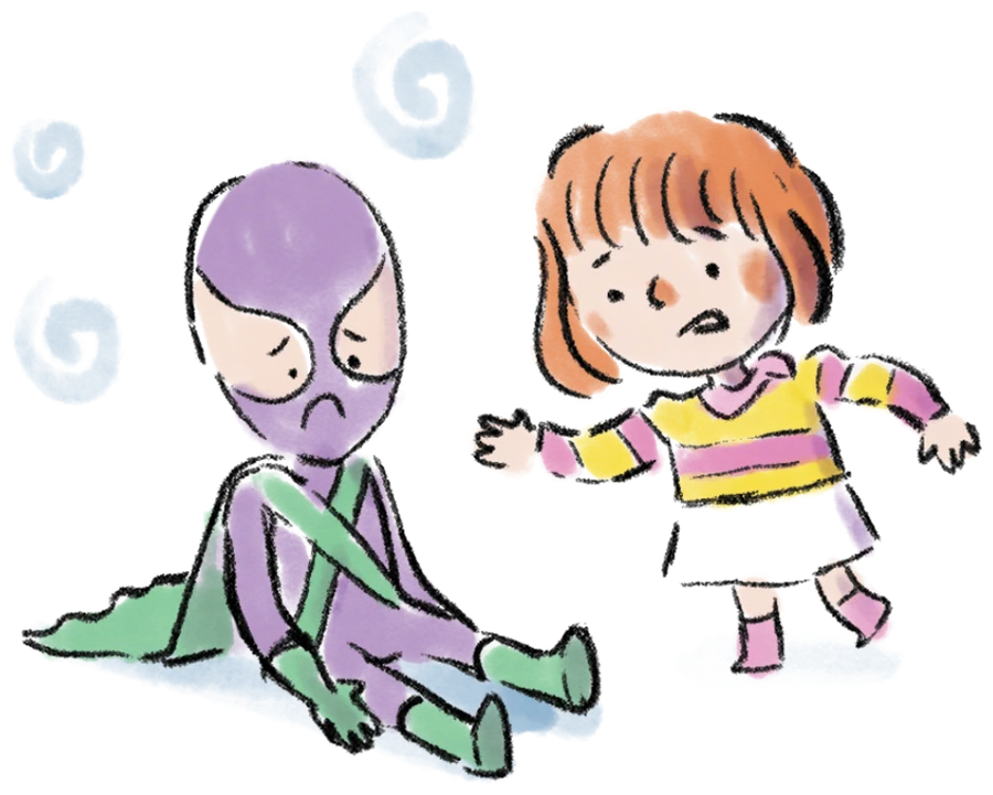 A child sitting beside a purple part