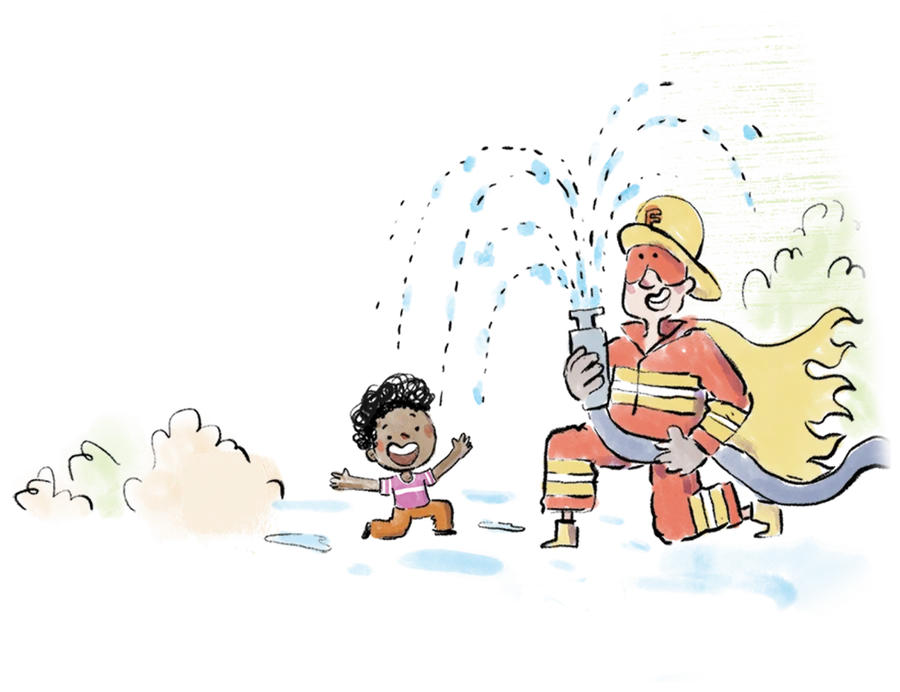A firefighter character helping a child