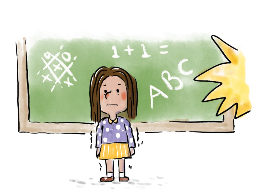 A child standing in front of a classroom chalkboard
