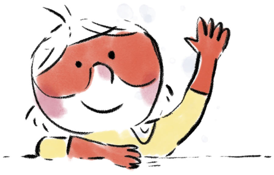 A child in red waving