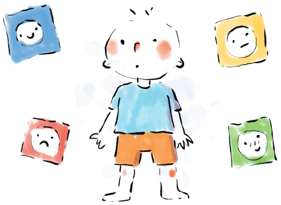 A child surrounded by feeling faces