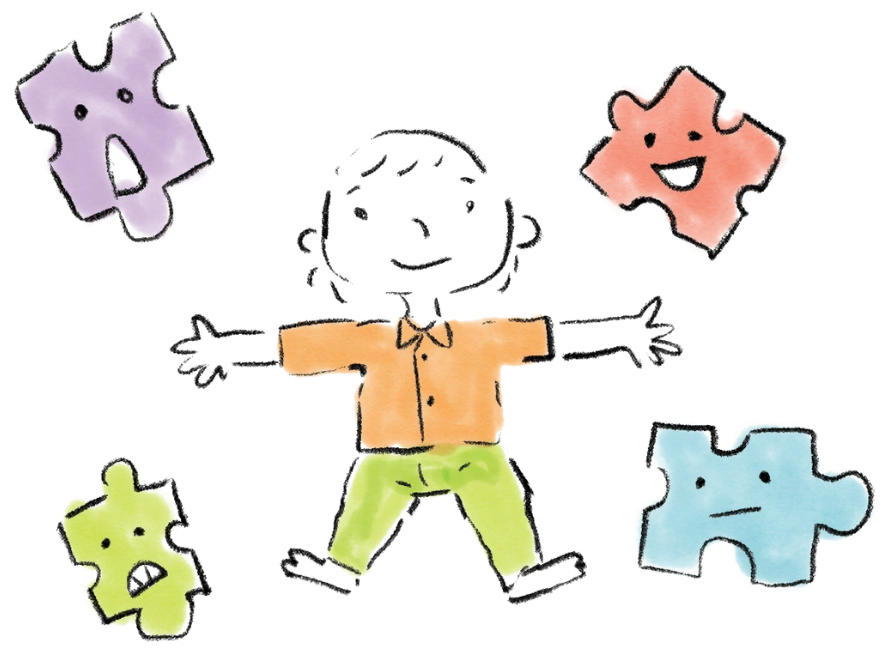 A child with arms open surrounded by puzzle pieces